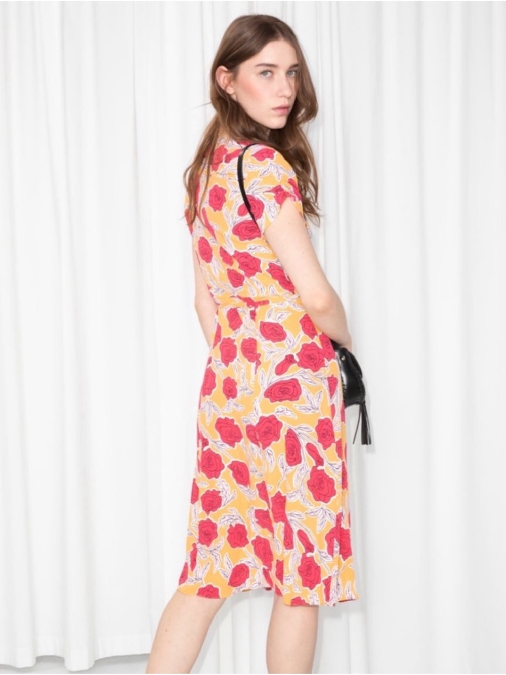 & Other Stories Floral Midi Wrap Dress in Yellow Red Rose Print 4